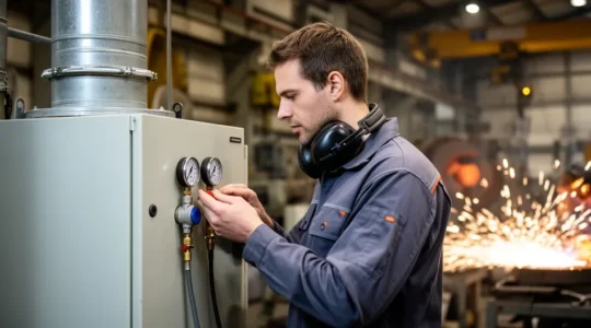 Technicien inspectant un système de filtration industrielle (sécurité qualité air)