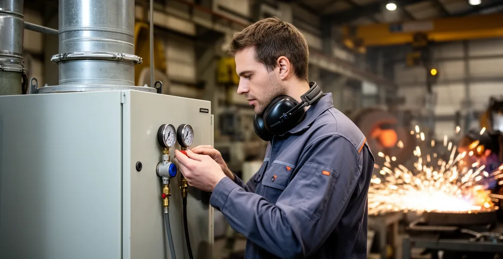 Technicien inspectant un système de filtration industrielle (sécurité qualité air)
