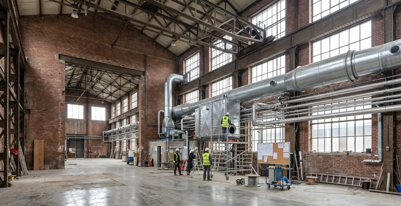 Intérieur d'un ancien bâtiment industriel en briques avec poutres métalliques d'origine, équipé de nouveaux échangeurs thermiques et conduits argentés le long d'un mur, lumière naturelle abondante