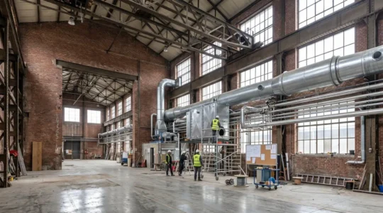 Intérieur d'un ancien bâtiment industriel en briques avec poutres métalliques d'origine, équipé de nouveaux échangeurs thermiques et conduits argentés le long d'un mur, lumière naturelle abondante