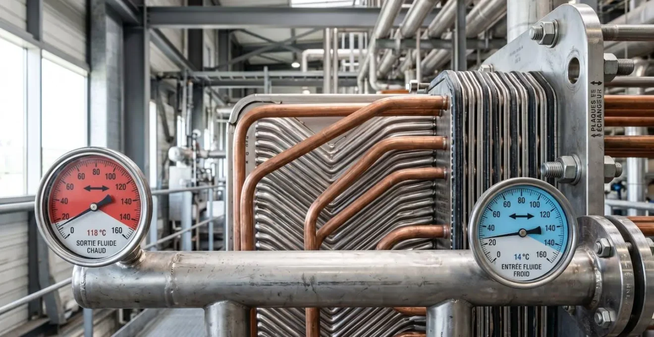Gros plan sur un échangeur thermique industriel moderne avec plaques métalliques ondulées et tubes en cuivre, manomètres de température bleu et rouge, surface métallique propre