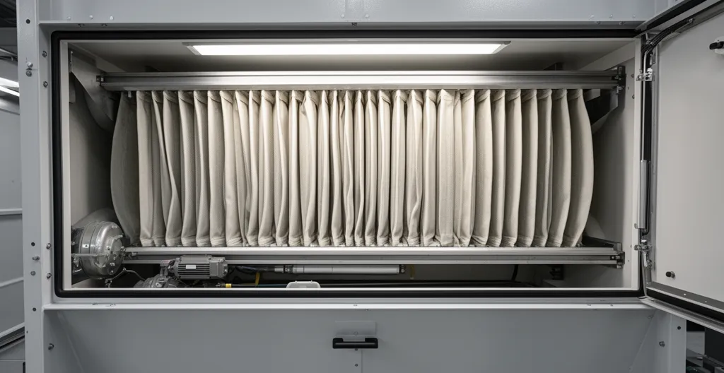 Manches filtrantes alignées dans système dépoussiérage industriel Manches filtrantes alignées dans système dépoussiérage industriel