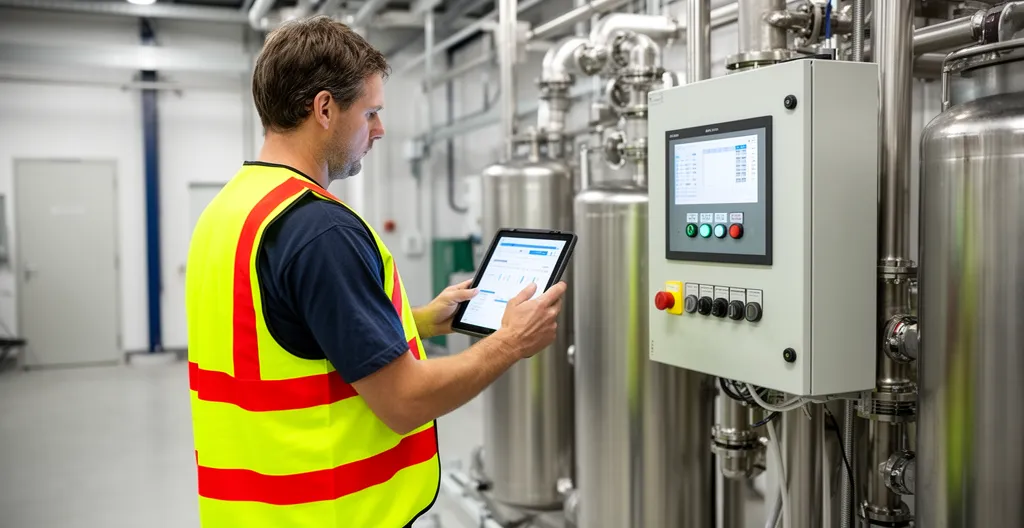 Responsable HSE effectuant relevé près système filtration industrielle Responsable HSE effectuant relevé près système filtration industrielle