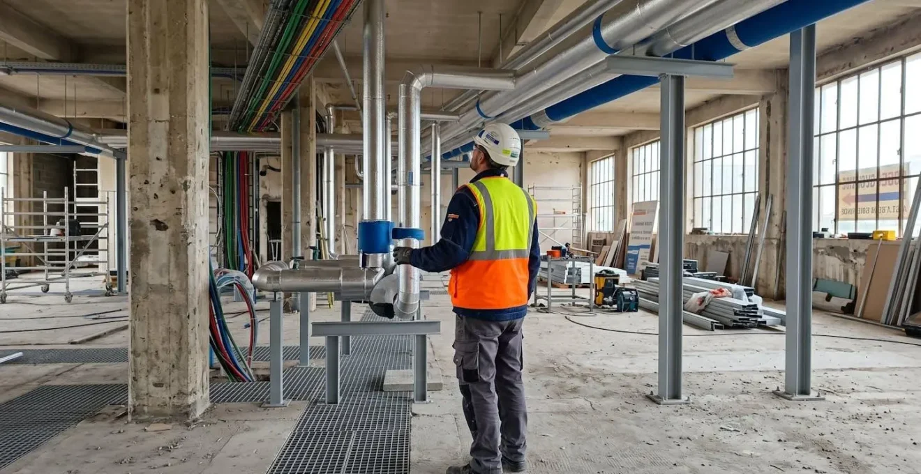 Technicien en gilet de sécurité et casque vu de dos inspectant des travaux de rénovation dans une ancienne usine, piliers en béton d'origine avec nouvelles tuyauteries isolées en cours d'installation