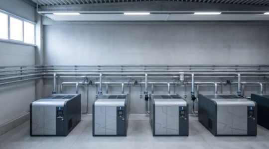 Installation moderne de compresseurs industriels dans une usine française avec systèmes de contrôle numérique