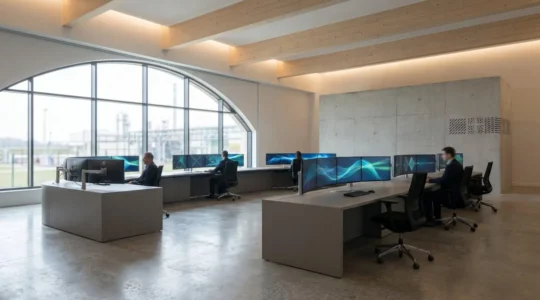 Centre de dispatching du réseau de transport de gaz en temps réel avec opérateurs surveillant les flux gaziers sur des écrans de contrôle