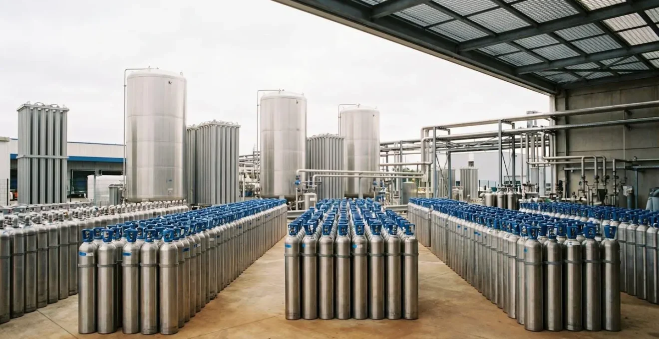 Réservoirs de gaz industriels en acier dans un environnement de production moderne avec systèmes de distribution