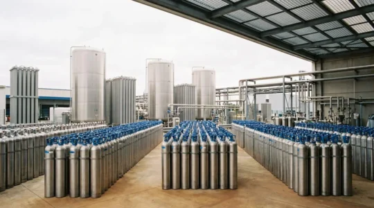 Réservoirs de gaz industriels en acier dans un environnement de production moderne avec systèmes de distribution