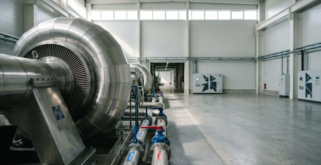 Compresseur centrifuge industriel moderne avec turbine en acier inoxydable dans un environnement de production