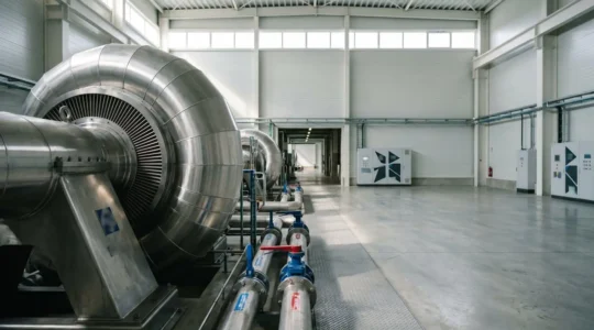 Compresseur centrifuge industriel moderne avec turbine en acier inoxydable dans un environnement de production