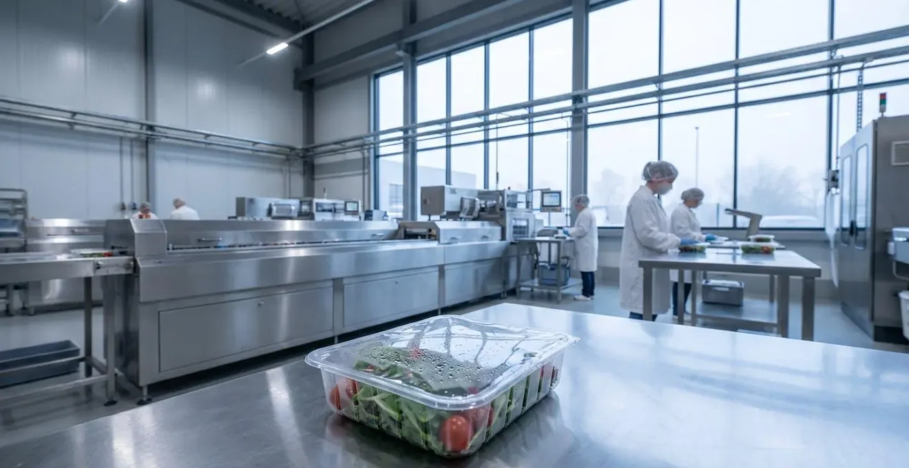 Barquette de produits frais sous atmosphère protectrice en environnement industriel