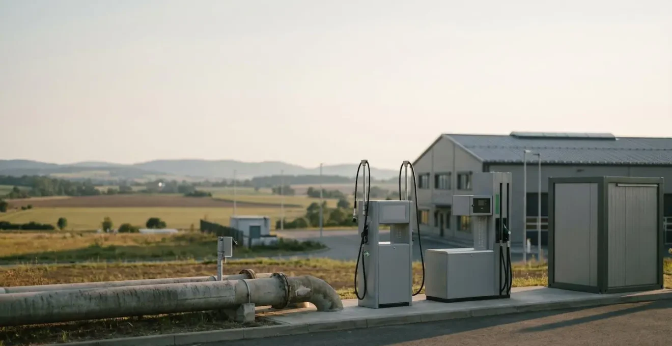 Infrastructure de station de ravitaillement GNV avec camions de transport régional dans un environnement logistique moderne