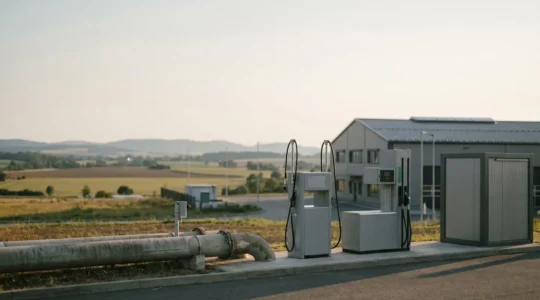 Infrastructure de station de ravitaillement GNV avec camions de transport régional dans un environnement logistique moderne