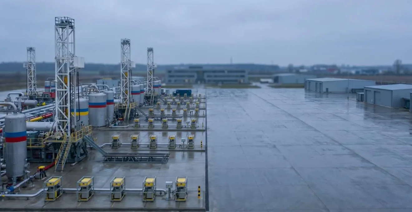Installations industrielles de prospection gazière avec équipements de forage et géophysique dans un environnement technique professionnel