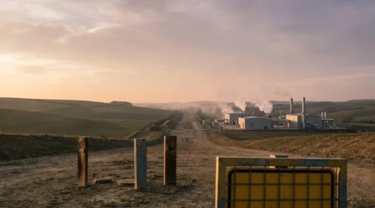 Gazoduc de transport de gaz naturel enterré à haute pression traversant un paysage français, avec stations de compression visibles à l'horizon