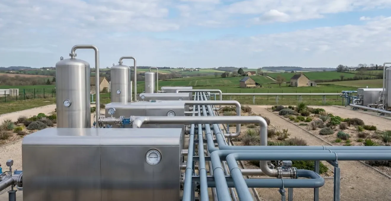 Installation industrielle de biométhane avec équipements d'épuration et réseau de canalisations de gaz en France