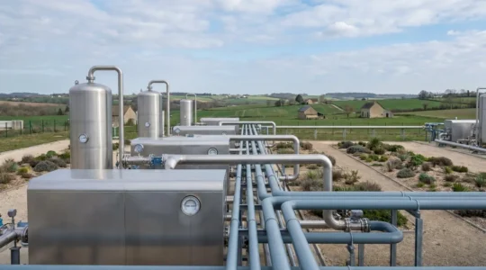 Installation industrielle de biométhane avec équipements d'épuration et réseau de canalisations de gaz en France
