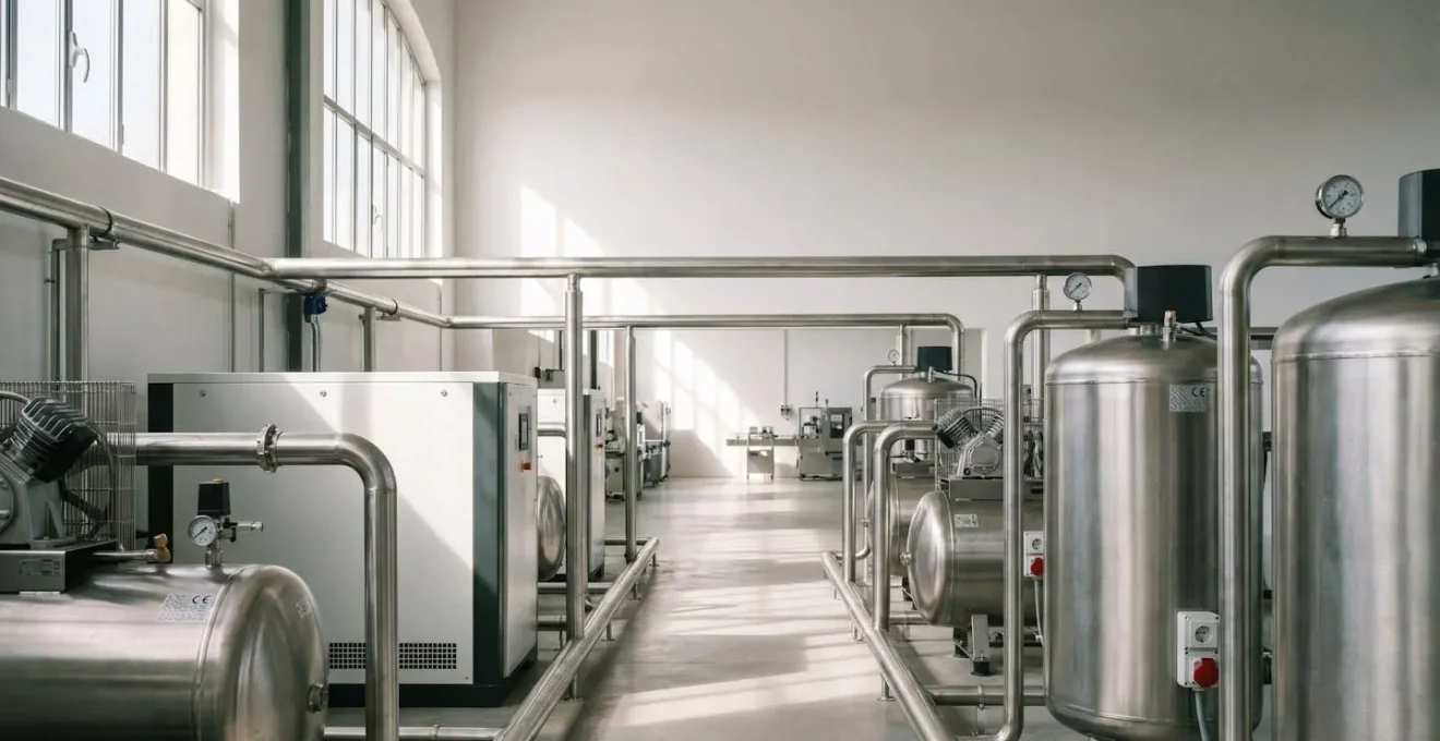 Système de compression d'air comprimé moderne installé dans une zone de production alimentaire française avec tuyauterie en inox