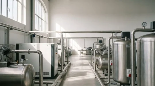 Système de compression d'air comprimé moderne installé dans une zone de production alimentaire française avec tuyauterie en inox