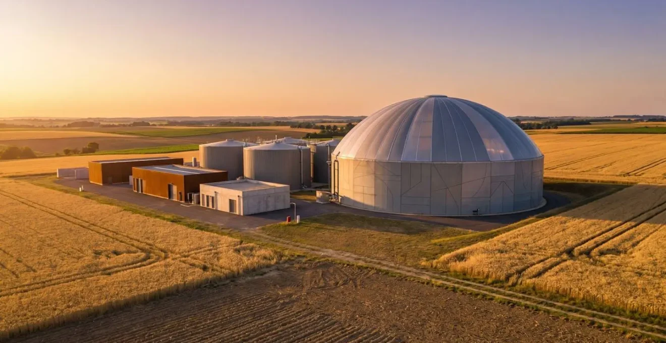 Installation industrielle de méthanisation avec gazomètre à membrane pour stockage de biogaz à pression atmosphérique dans un environnement rural français