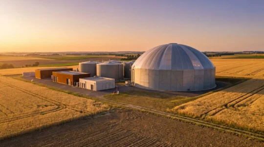 Installation industrielle de méthanisation avec gazomètre à membrane pour stockage de biogaz à pression atmosphérique dans un environnement rural français