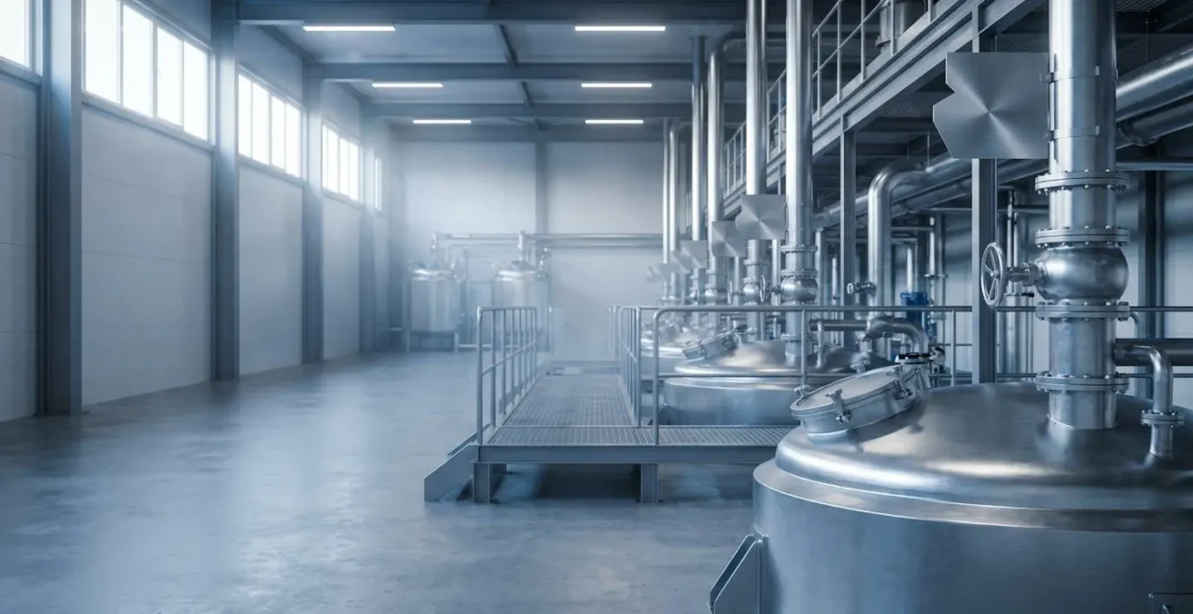 Installation industrielle moderne avec équipements sous pression et systèmes de contrôle de sécurité