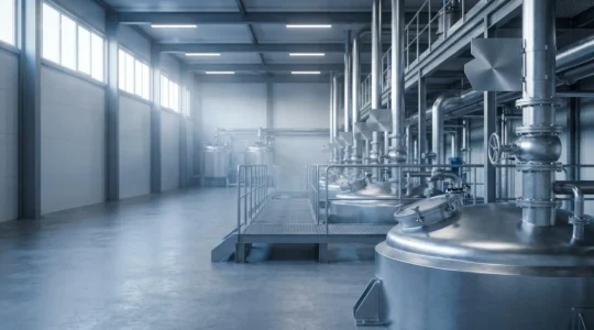 Installation industrielle moderne avec équipements sous pression et systèmes de contrôle de sécurité