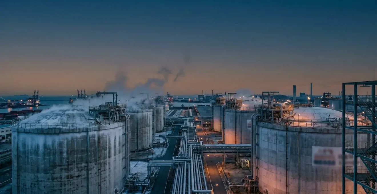 Installation industrielle de liquéfaction de gaz naturel avec réservoirs cryogéniques