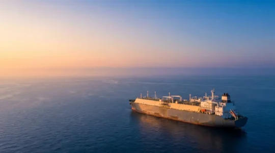 Méthanier moderne naviguant en mer avec ses cuves cryogéniques transportant du GNL à très basse température