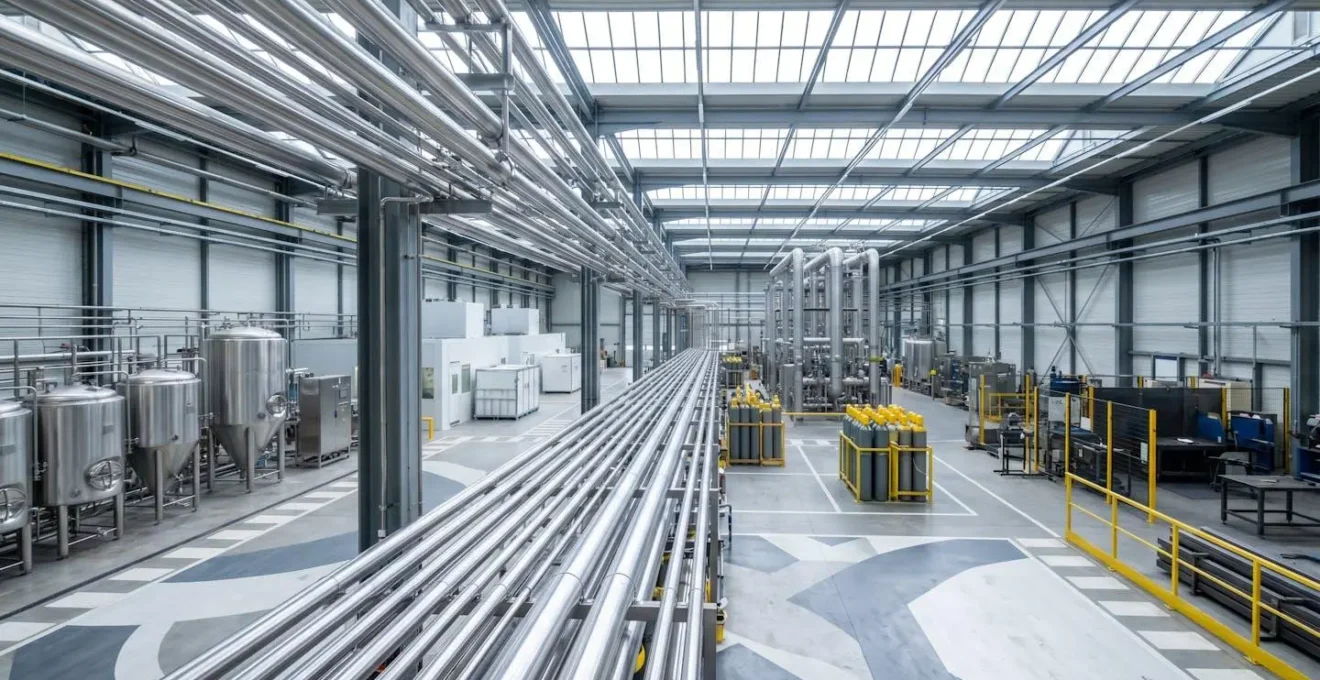 Vue d'ensemble d'installations industrielles françaises avec pipelines et systèmes de distribution de gaz techniques