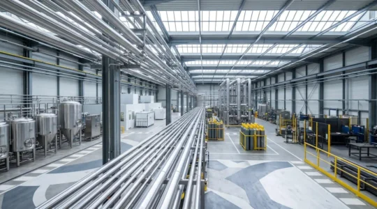 Vue d'ensemble d'installations industrielles françaises avec pipelines et systèmes de distribution de gaz techniques