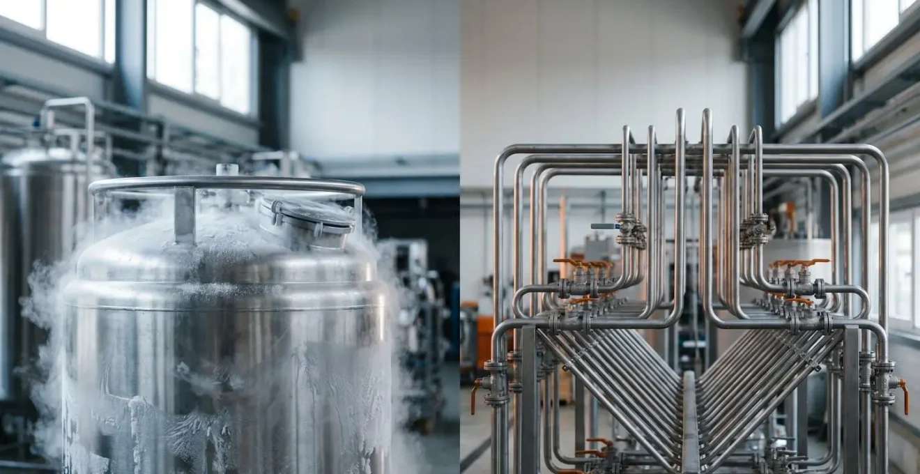 Visualisation conceptuelle des états liquide et gazeux d'un gaz industriel dans un environnement de production moderne