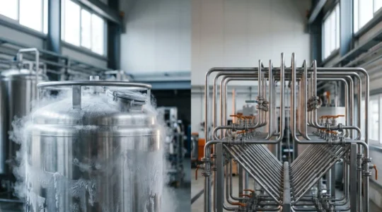 Visualisation conceptuelle des états liquide et gazeux d'un gaz industriel dans un environnement de production moderne