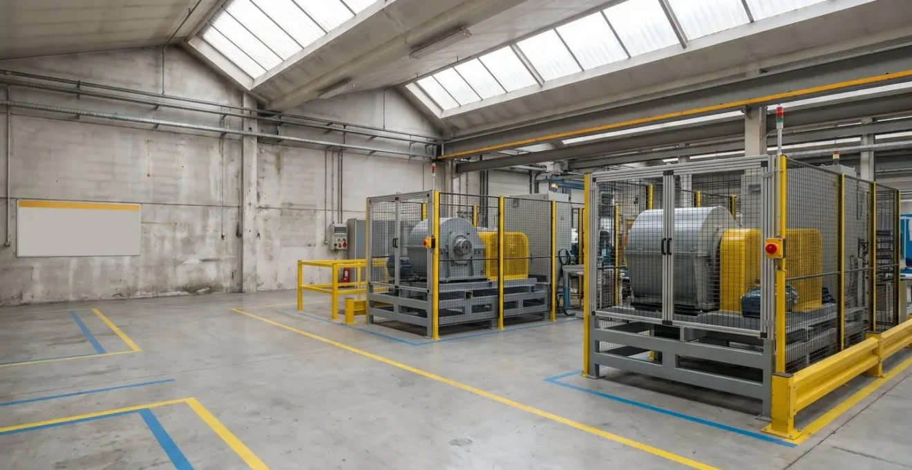 Mécanisme d'engrenages industriels sécurisé avec protections dans un atelier de fabrication moderne
