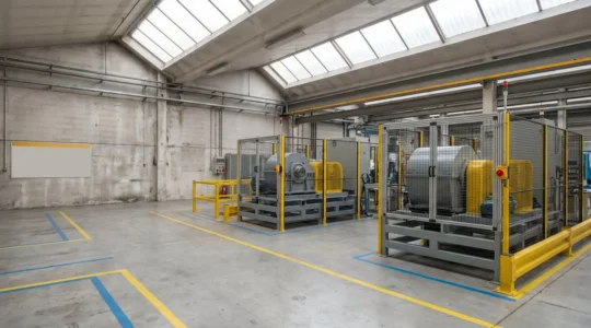 Mécanisme d'engrenages industriels sécurisé avec protections dans un atelier de fabrication moderne