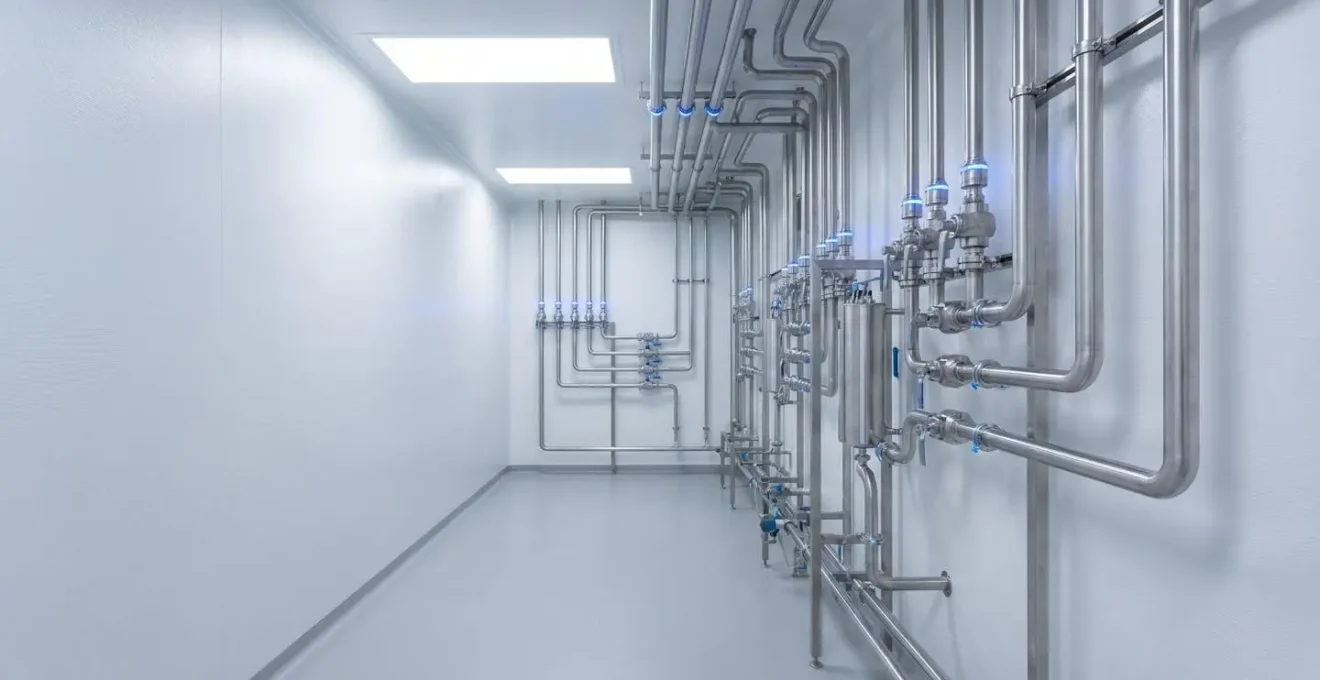 Installation industrielle de distribution de gaz pharmaceutiques avec réseau de tuyauterie en acier inoxydable dans un environnement de production contrôlé