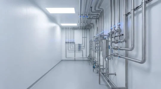 Installation industrielle de distribution de gaz pharmaceutiques avec réseau de tuyauterie en acier inoxydable dans un environnement de production contrôlé