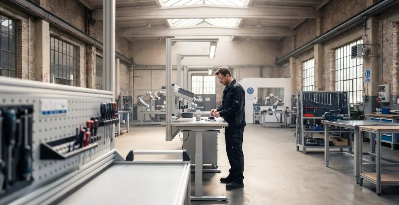Opérateur industriel travaillant à un poste ergonomique dans un atelier de production moderne avec équipements adaptés