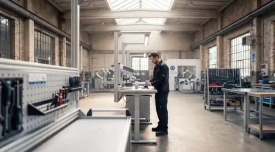 Opérateur industriel travaillant à un poste ergonomique dans un atelier de production moderne avec équipements adaptés