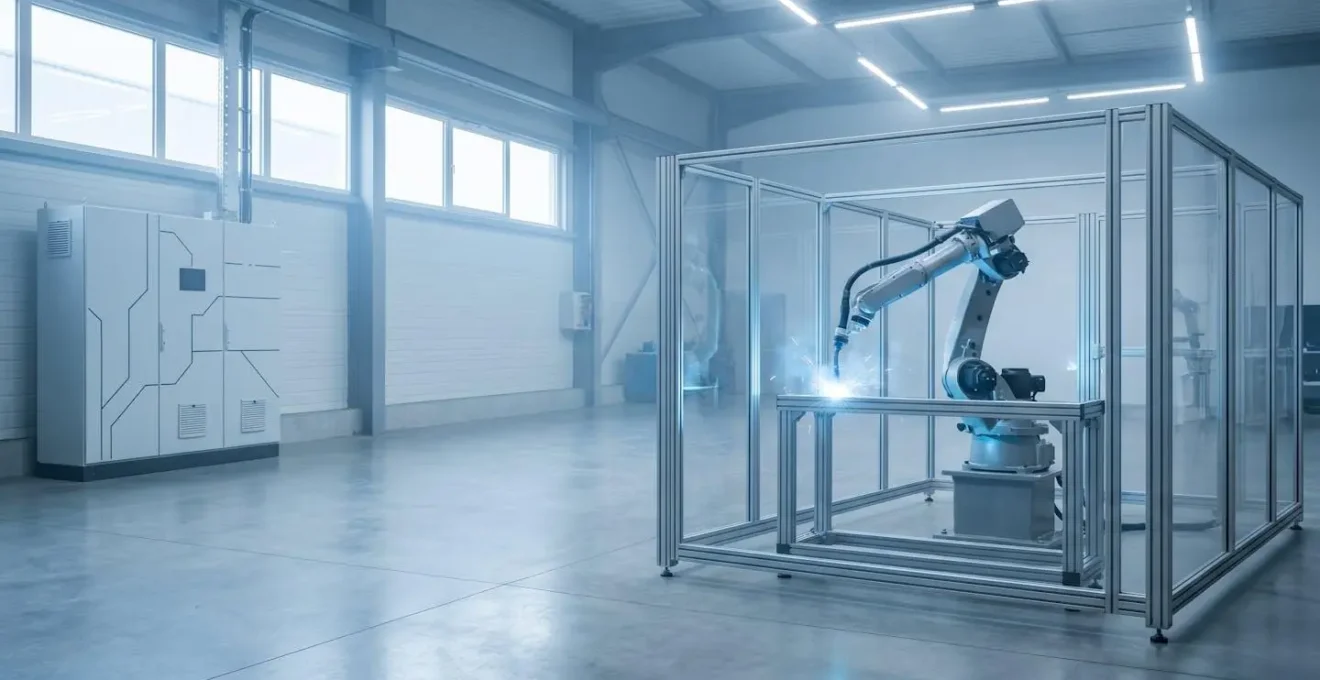 Robot industriel de soudage dans un atelier protégé par une atmosphère inerte