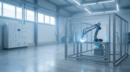 Robot industriel de soudage dans un atelier protégé par une atmosphère inerte