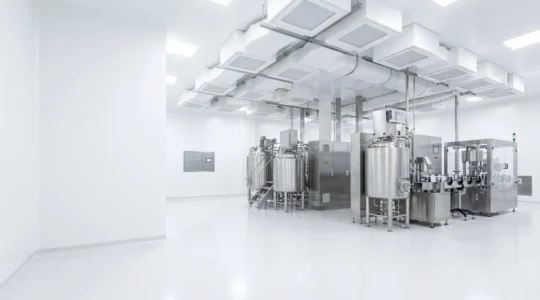 Vue panoramique d'une salle blanche pharmaceutique moderne avec système de contrôle de pression différentielle