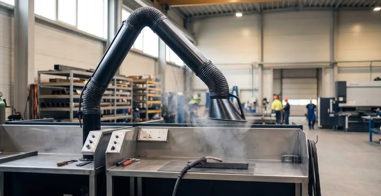 Système d'extraction localisée captant les fumées au-dessus d'un poste de soudage dans un atelier industriel moderne