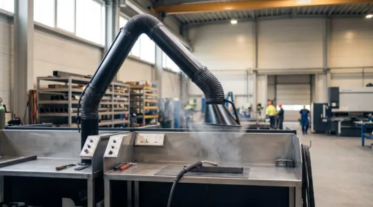 Système d'extraction localisée captant les fumées au-dessus d'un poste de soudage dans un atelier industriel moderne