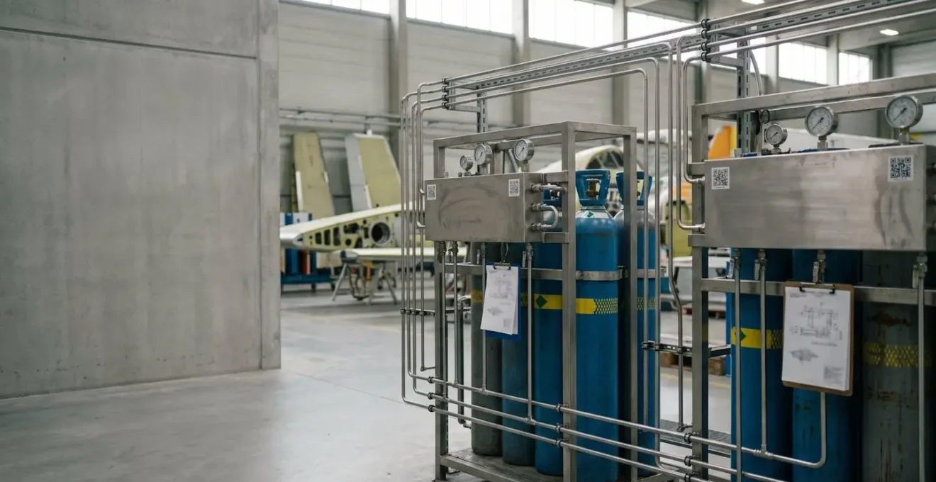 Installation industrielle de distribution de gaz sous pression avec système de bouteilles d'argon et azote dans un environnement aéronautique moderne français