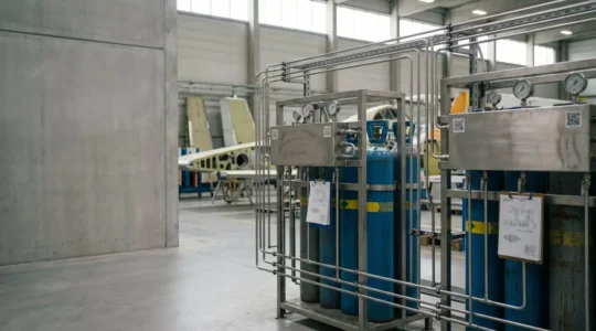 Installation industrielle de distribution de gaz sous pression avec système de bouteilles d'argon et azote dans un environnement aéronautique moderne français