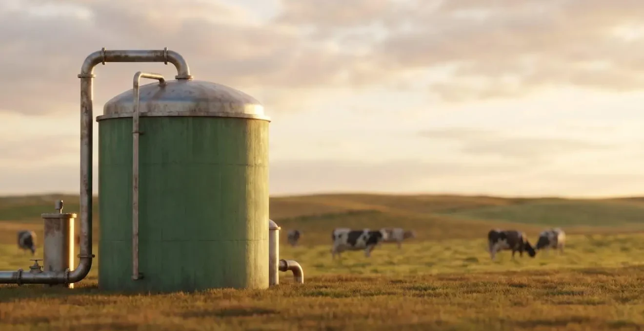 Installation de méthanisation agricole dans une exploitation française avec digesteur et équipements de transformation de déchets organiques