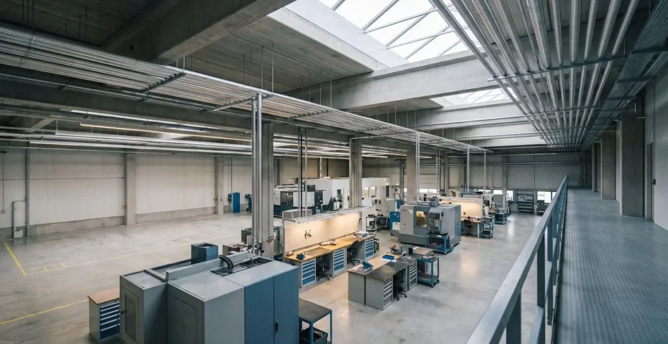 Vue d'ensemble d'une usine industrielle française moderne équipée d'un système de compresseur à vis haute performance