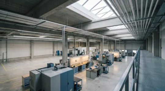 Vue d'ensemble d'une usine industrielle française moderne équipée d'un système de compresseur à vis haute performance